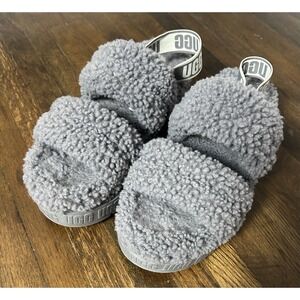 Women's UGG Grey Fuzzy Grey Slippers With Strap Memory Foam Size 11 Cozy Comfort